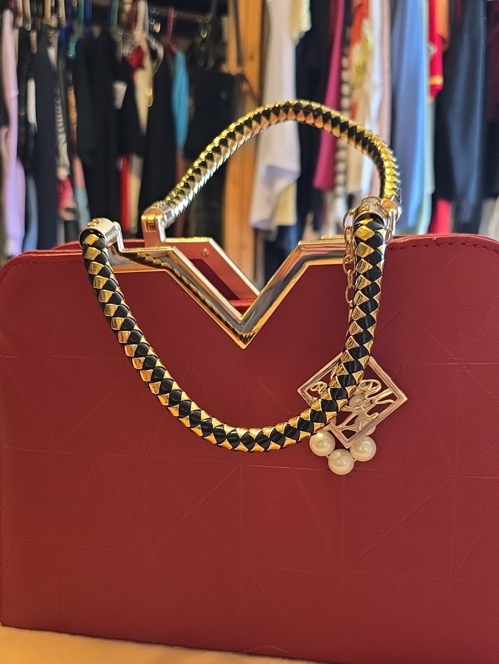 V-CREST Red Structured Top-Handle Women’s Bag with Gold Accents